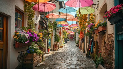Fototapeta premium Colorful Umbrellas Hanging Over Charming Cobblestone Alleyway