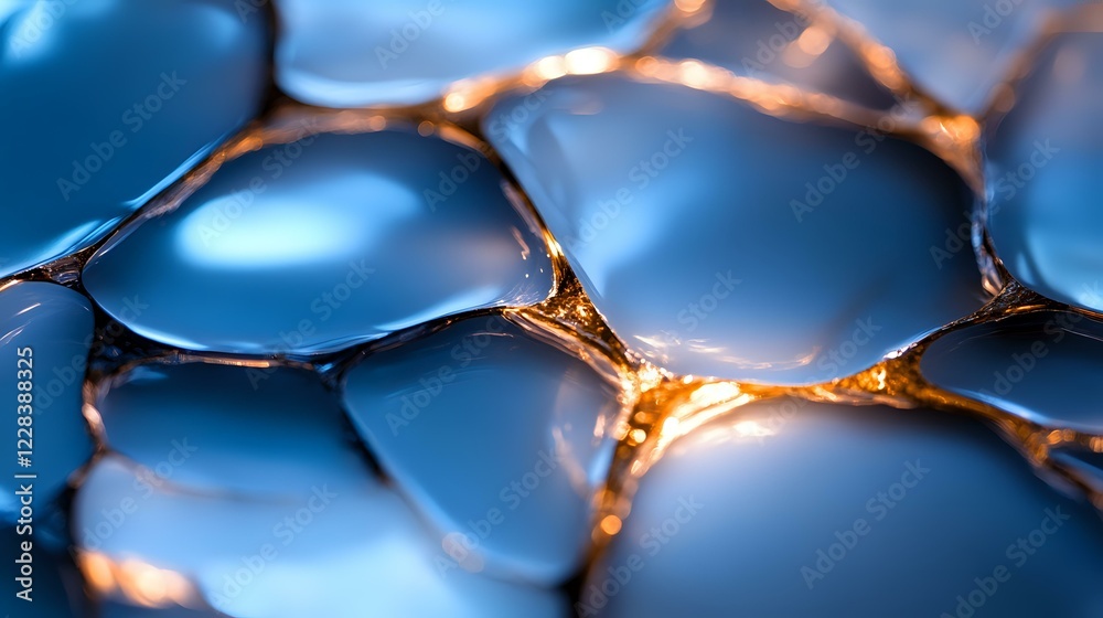 Poster glowing golden connections between blue cellular shapes create abstract network pattern, macro photo