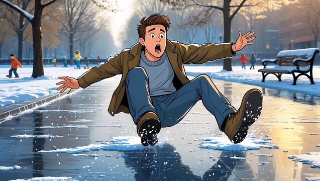 Funny moment unfolds as a young man slips on ice while enjoying winter in a bustling park surrounded by playful kids and serene snow-covered trees