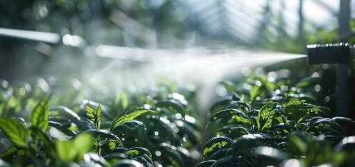 Close-up of a handheld sprayer nozzle spraying liquid onto a vegetable garden.