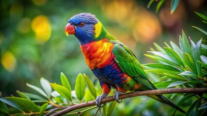 Vibrant Rainbow Lorikeet Perched on Branch, Panoramic Wildlife Photography