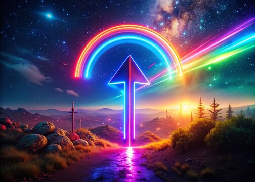Vibrant Rainbow Neon Arrow 3D Render, Illuminated Night Landscape
