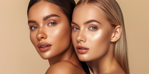 A beauty portrait captures two women with flawless skin, exuding elegance and tranquility. This luxurious image conveys radiant beauty and perfection, showcasing a sense of timeless allure