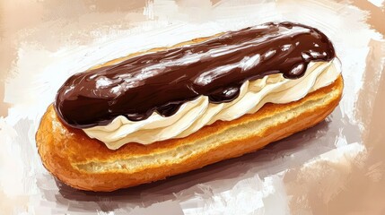 Delicious Chocolate Eclair with Cream Filling on Wooden Background