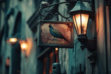 Vintage street sign with ornate design featuring a pheasant bird and illuminated lantern, captured...