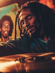 Obraz premium Passionate Musician Playing Vinyl Records in Warm Lighting
