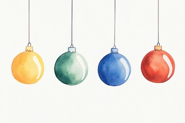 Colorful watercolor Christmas ornaments hanging in a row, including yellow, green, blue, and red, perfect for holiday designs and festive themes