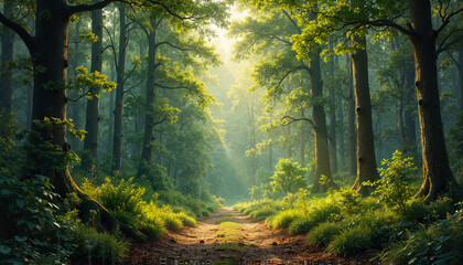 Obraz premium Serene forest path with dappled sunlight, lush green foliage