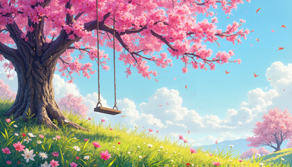 Cherry blossom tree with swing, bright blue sky, joyful scene