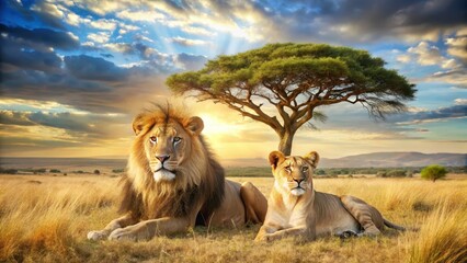 Majestic lion and lioness resting in the African savannah under a sunny sky with acacia trees and grasslands in the background , lioness, animal photography