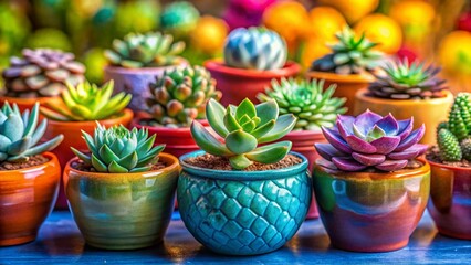 Vibrant Succulents in Ceramic Pots: Colorful Still Life Photography
