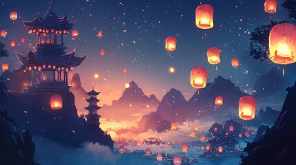 Serene Night Landscape with Floating Lanterns and Traditional Architecture
