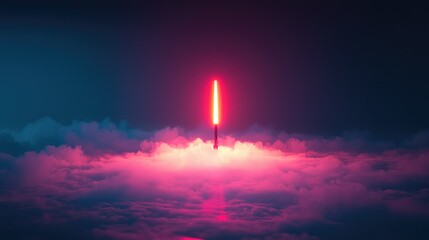 Fototapeta premium Futuristic Rocket Launching Through Clouds with Neon Light Effect