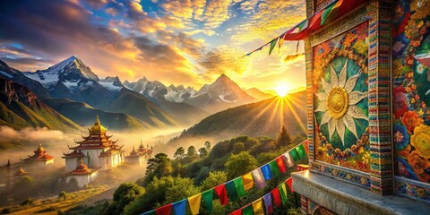 Vibrant Thangka Painting with Bokeh Background, Tibetan Buddhist Art, Spiritual Mandala