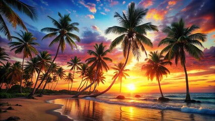 Vibrant Tropical Beach Scene with Palm Trees and Abstract Background - Stock Photo