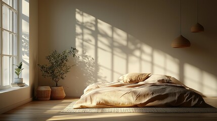 Sunlit bedroom with unmade bed, window, plant, and shadows