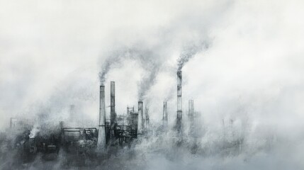 Obraz premium Industrial landscape shrouded in fog with smokestacks emitting smoke, creating a somber atmosphere