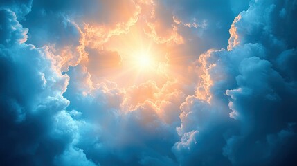 Sunlight piercing dramatic clouds in sky, heavenly background for hope or faith