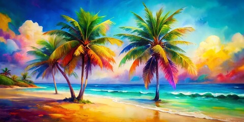 Vibrant Watercolor Palm Trees Tropical Beach Tilt-Shift Abstract Art