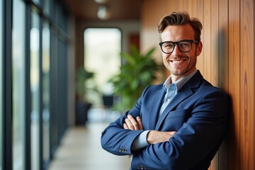 Fototapeta premium A Confident Professional in a Modern Office Environment: Smiling Male Executive Dressed in a Suit, Glasses on, Leaning Against a Wooden Wall with Indoor Plants in Background