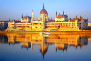 Fototapeta premium Grand Historical Building Reflects in Calm Water at Sunrise Beautifully with Golden Hues