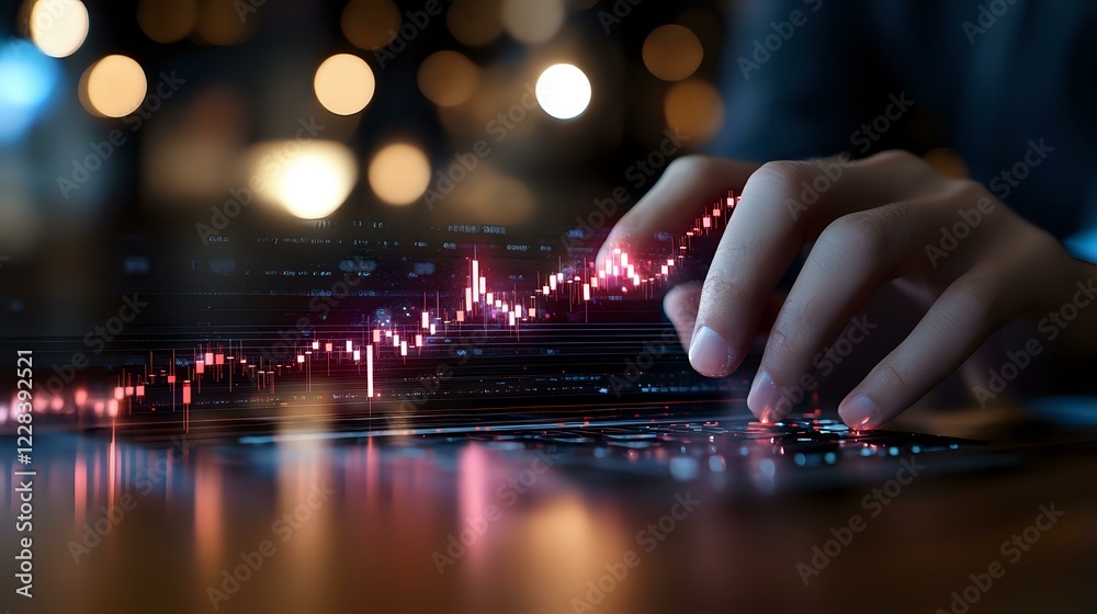 Poster financial trader analyzing stock market data on digital screen with red candlestick chart and bokeh 