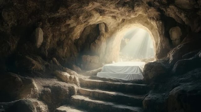 Empty tomb with light shining from inside. Resurrection Of Jesus Christ. Easter, Good Friday, Palm Sunday. Christian symbol, religious concept