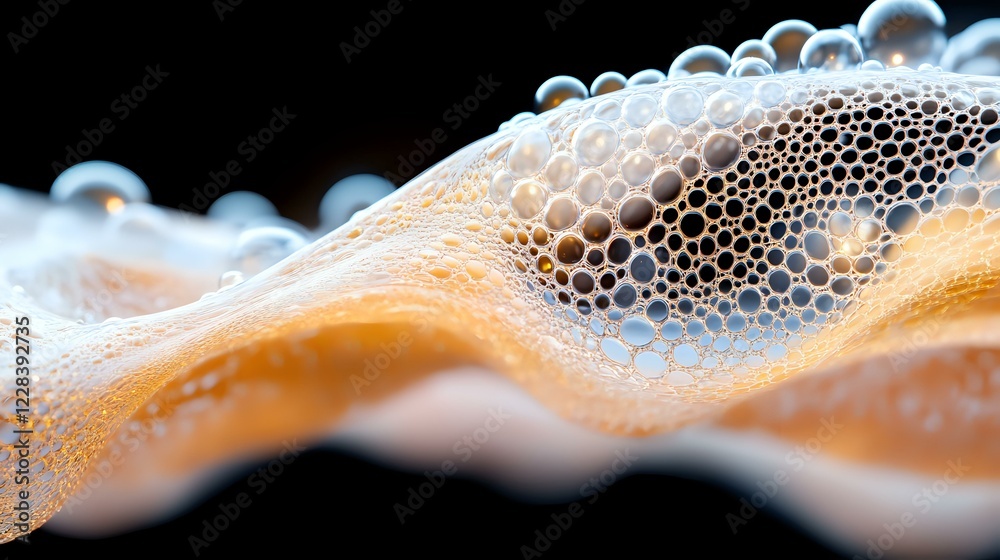 Poster macro shot of soap bubbles with orange and white gradient colors creating abstract wave pattern agai