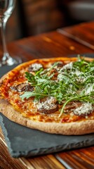 Delicious Gourmet Pizza Topped with Arugula and Mushrooms