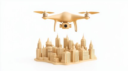 Beige Drone Soaring Above Miniature City Model