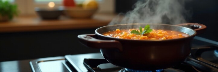 Soup simmering on the stovetop with a steam rising high, liquid, pot, aroma