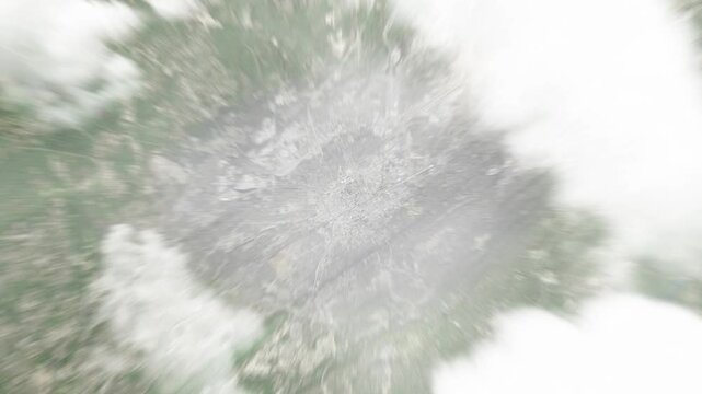 Earth zoom in from space to Birmingham, Alabama, USA. Followed by zoom out through clouds and atmosphere into space. Satellite view. Travel intro. Images from NASA