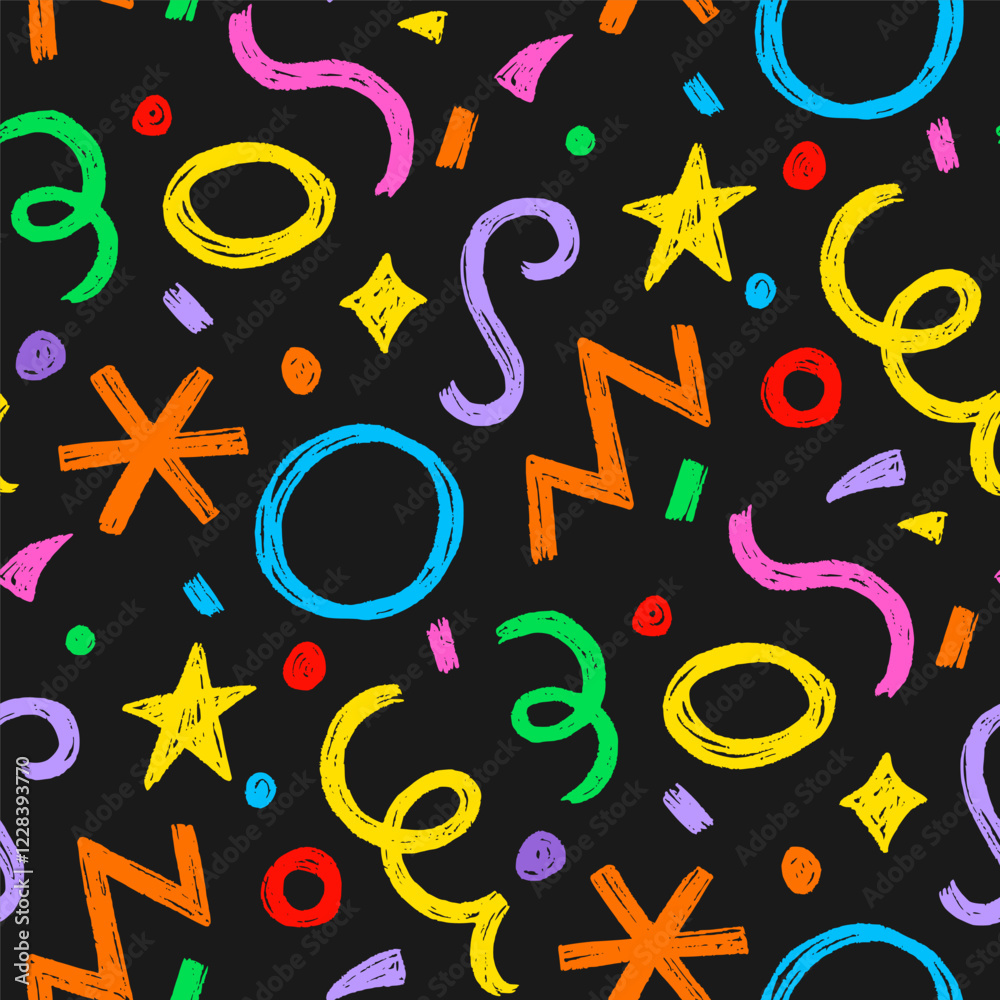 Aufkleber kid seamless pattern child fun shape squiggle confetti background. hand drawn color crayon backgroun
