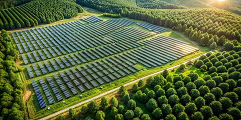 Vintage Aerial View: Solar Farm in Lush Green Forest