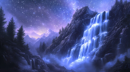 Majestic waterfall cascading down a rocky cliff, illuminated by the ethereal glow of the milky way, creating a breathtaking celestial spectacle under a starlit sky. Starlit Falls. Illustration