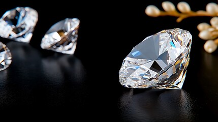 Sparkling diamonds on black background, flower branch. Luxury jewelry ad