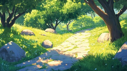 Serene pathway through a sunlit meadow surrounded by lush trees and scattered rocks