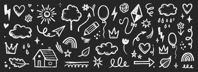 Kid crayon chalk line cloud, flower children element set. Hand drawn crayon doodle sketch childish element set. Chalk heart, cloud, flower color cute design element background. Vector illustration