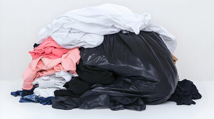 Overflowing Black Garbage Bag Stuffed with Colorful Discarded Clothes on White Background.