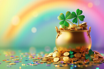 Banner with Pot of gold coins, clover leaves and rainbow. St. Patrick's day concept