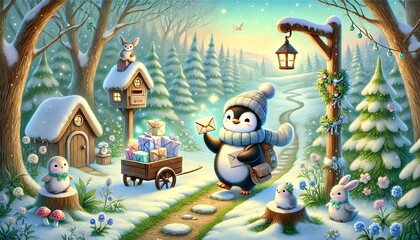 A heartwarming storybook-style illustration of a magical penguin postman delivering glowing parcels in a serene, snow-melting forest filled with enchanting woodland homes