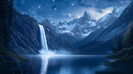 Serene night waterfall cascading into calm lake, surrounded by majestic mountains under a starlit sky. Starlit Falls. Illustration