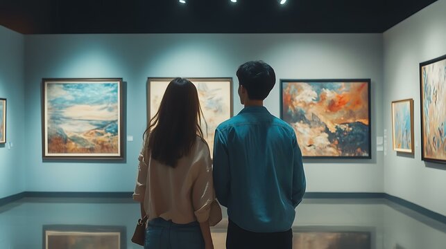 Young couple exploring an art gallery, sharing thoughts and admiration for the exhibits