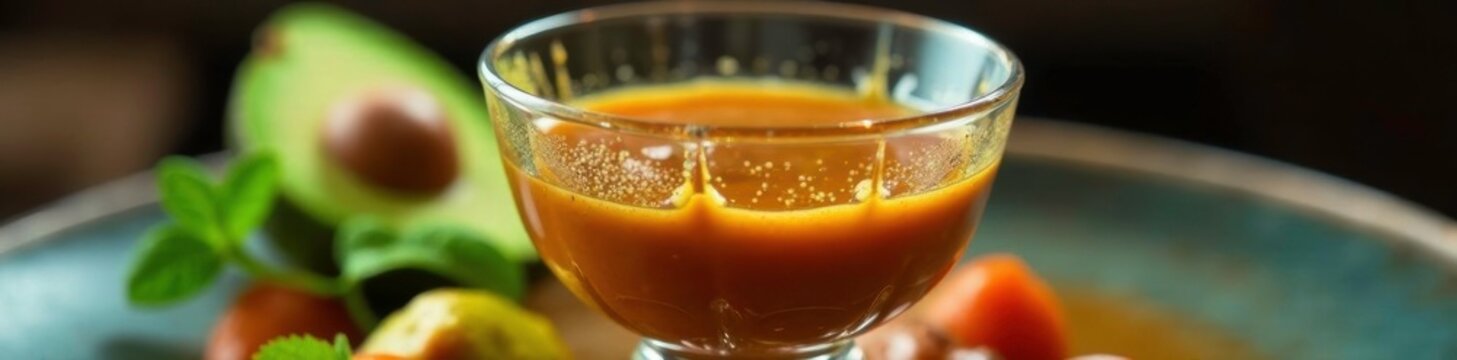 Sous vide mole sauce seeping from a crystal glass, sous vide, mole, avocado