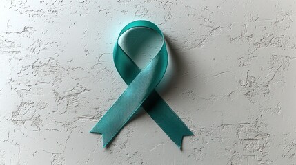 Teal awareness ribbon on textured white background, representing support