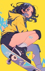Energetic Skater Girl Mid-Air in a Yellow Hoodie