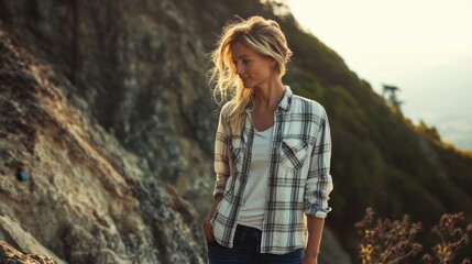 Naklejka premium Portrait of a joyful woman in her 30 wearing a comfy flannel shirt against a serene dune landscape background 