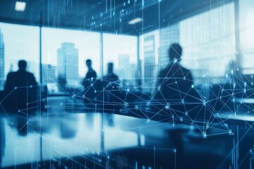 Engaging Business Meeting Taking Place in a Contemporary Office Setting Enhanced by a Digital Network Overlay, Invoking Ideas of Collaboration, Innovation, and Professional Growth for Future Projects