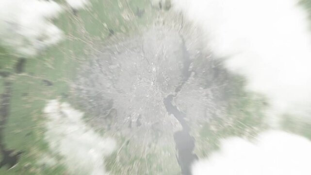 Earth zoom in from space to Providence, Rhode Island, USA. Followed by zoom out through clouds and atmosphere into space. Satellite view. Travel intro. Images from NASA