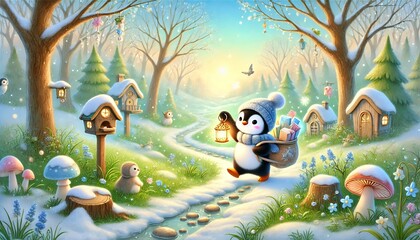 Naklejka premium A Whimsical Penguin Postman Delivering Magical Letters in a Peaceful Snow-Melting Forest with Enchanting Woodland Homes on a Sunny Spring Day